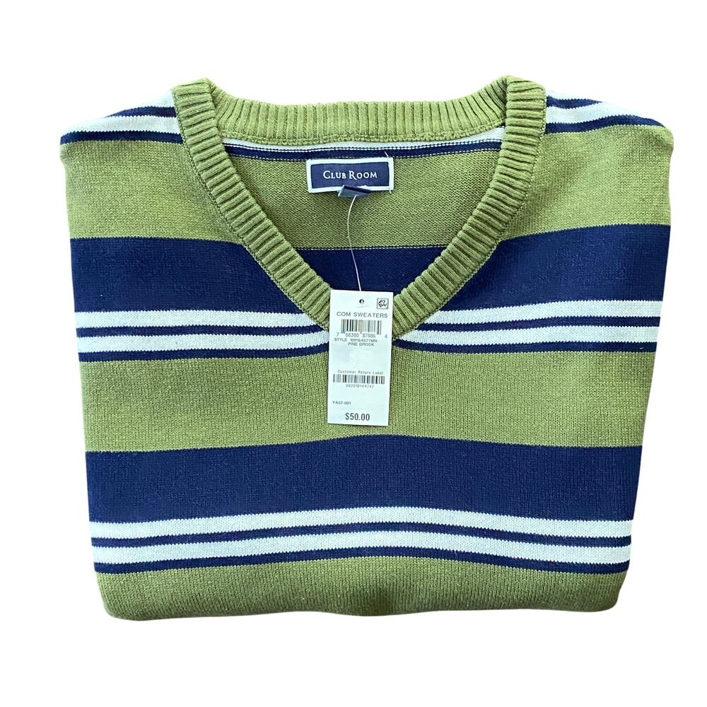 Club Room Men's Large Striped Long Sleeve V-Neck Sweater Pine Brook NWT